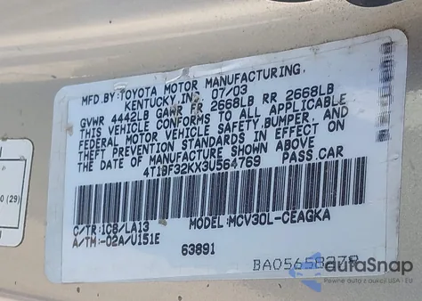 2003 Toyota Camry Xle V6 z USA, uszkodzony, nr VIN 4T1BF32KX3U564769